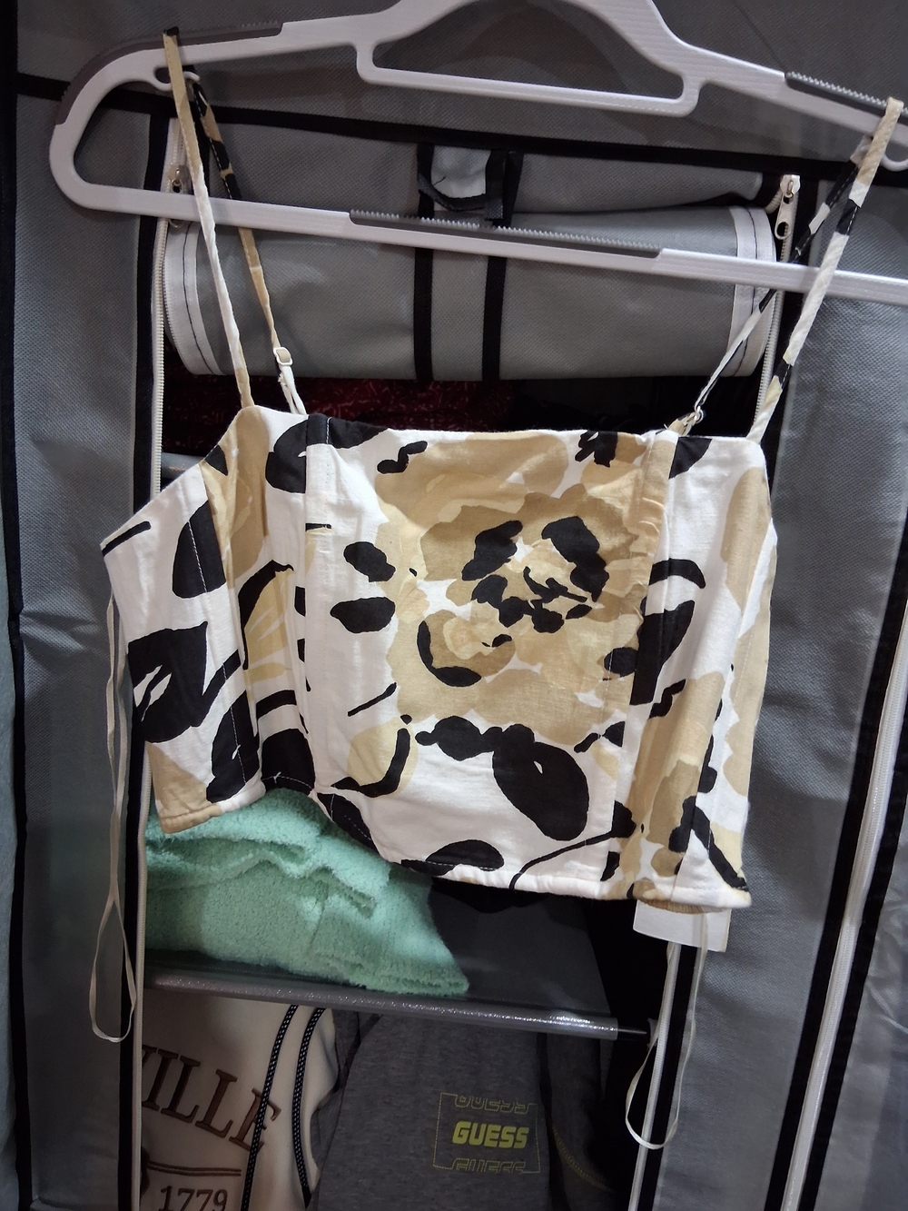 Sky Beige Black and White Floral Spaghetti Strap Crop Cami